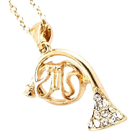 Gold French Horn Necklace Plated Crystal Music Musician Marching Band Gift 18" - Picture 1 of 2